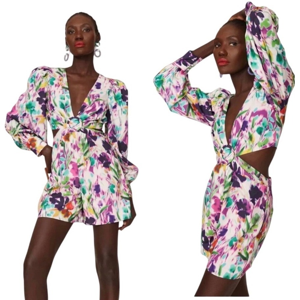 ONE33 Social Womens Sz 6‎ Floral Long Sleeve Romper Multicolor Designer Festival
